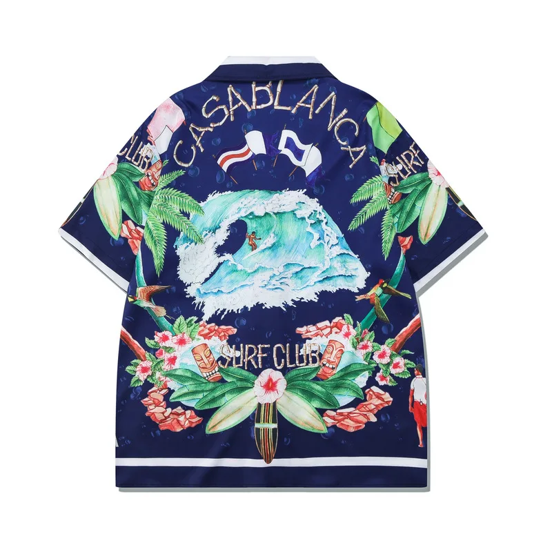 Digital print fashion beach casual shirt European coast vintage loose short-sleeved shirt suit for men