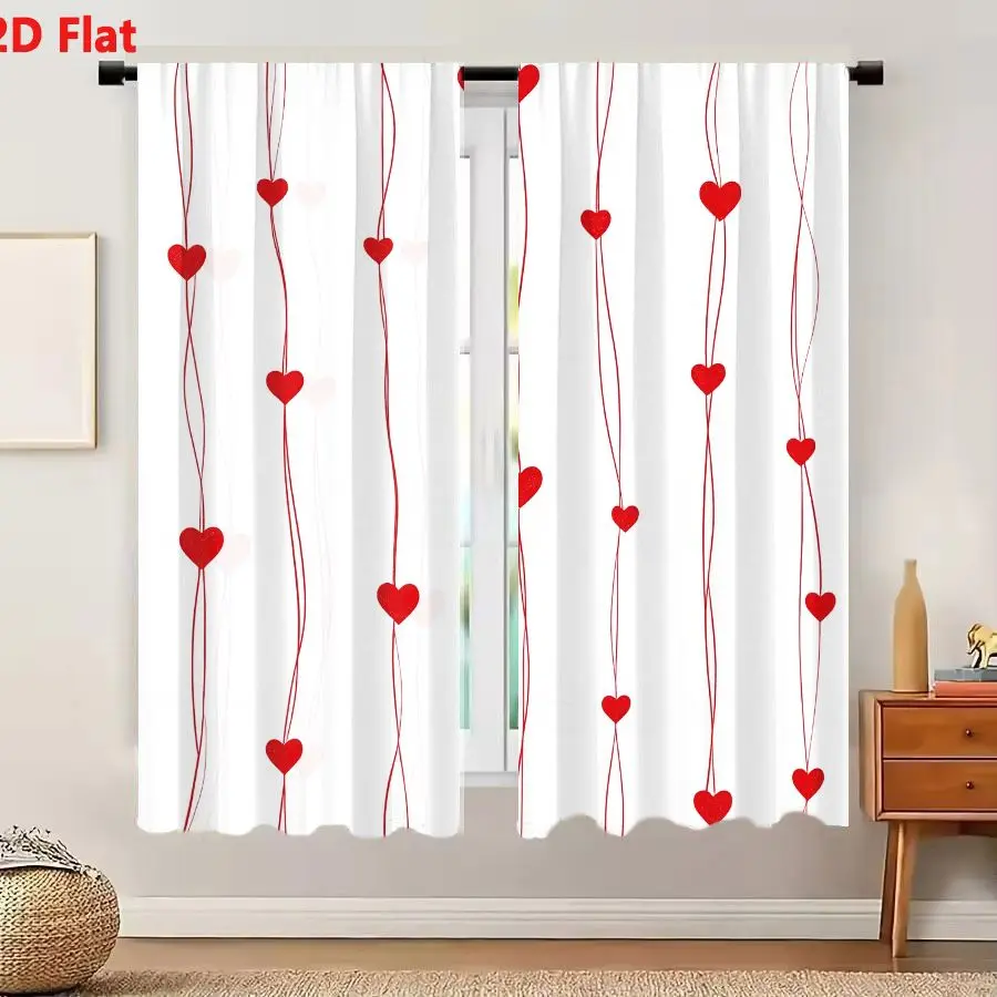 2Pcs Curtains 2D Flat Seamless Vertical Pattern With Wavy Red Lines And Scattered Solid Hearts On White Background Window Drapes