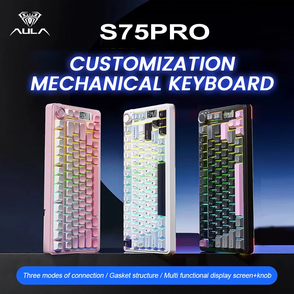 AULA S75 Pro 게이밍 기계식 키보드 75% 핫스왑 RGB 백라이트 4000mAh PBT 키캡 무선 키보드 LED 스크린 노브 포함