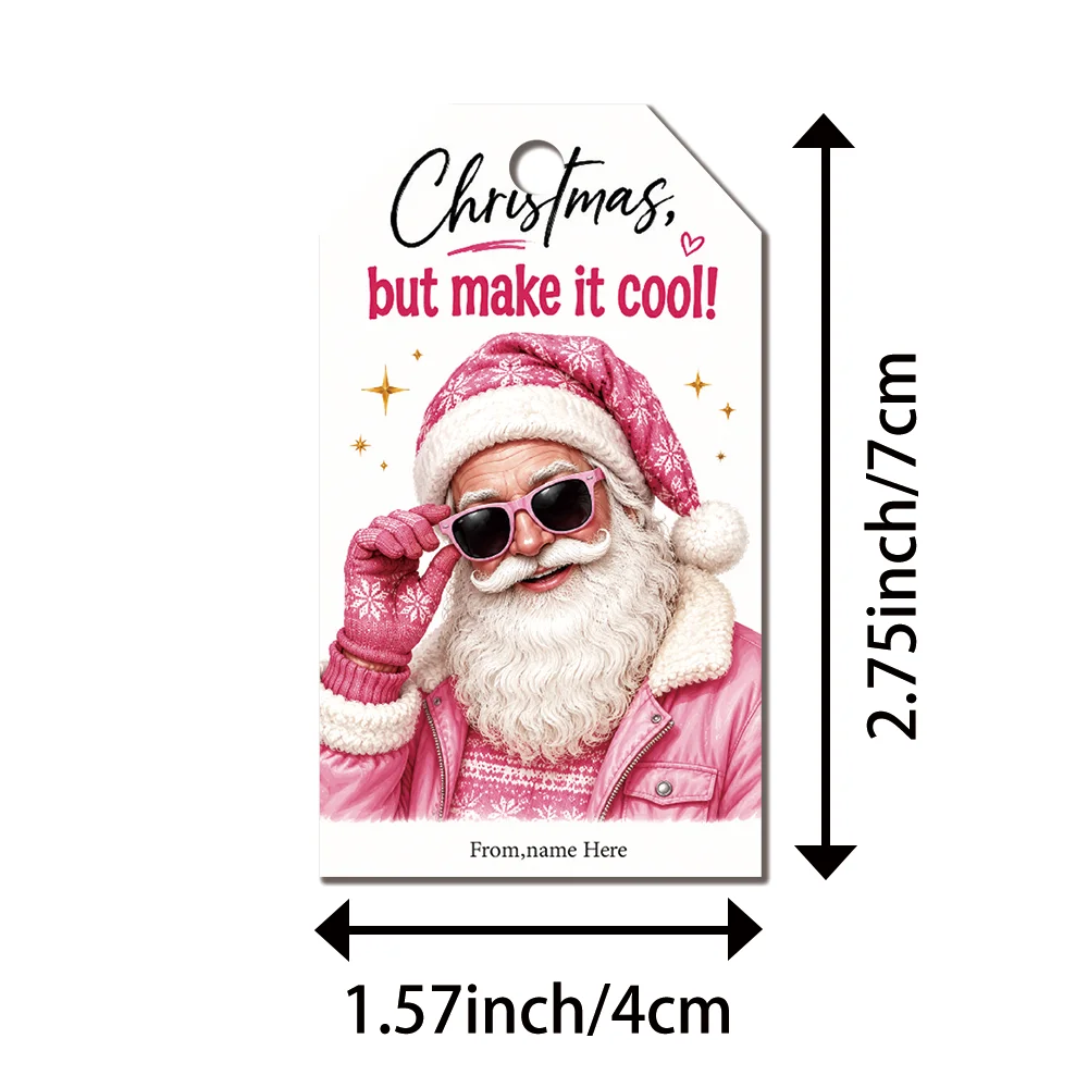 40Pcs Custom Text Christmas Gift Tags, Trendy Cool Pink Santa With Sunglasses Personalized Hanging Labels,with Jute Rope