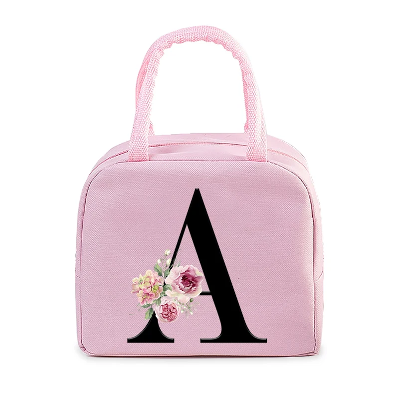 Pink Aesthetics Insulated Lunch Bags Vintage Flower 26 Alphabet Women Men Lunch Picnic Food Cooler Bag Lunch Box Storage Bag