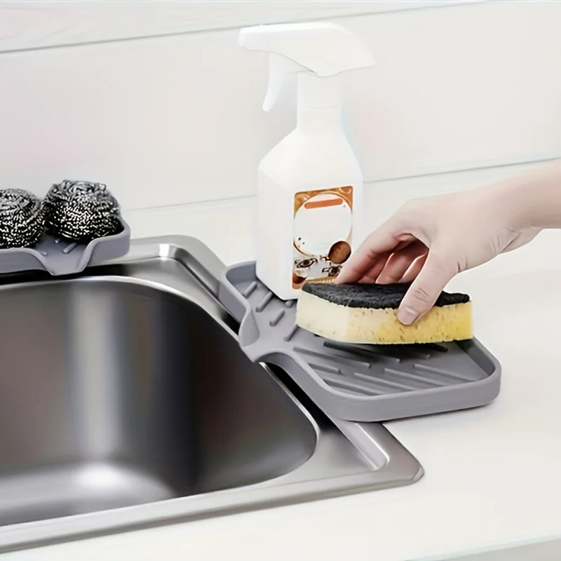 Convenient Decorative Tray Gray Silicone Soap Cleaning Ball Cloth Placement No Ponding Tray Kitchen Storage Supplies