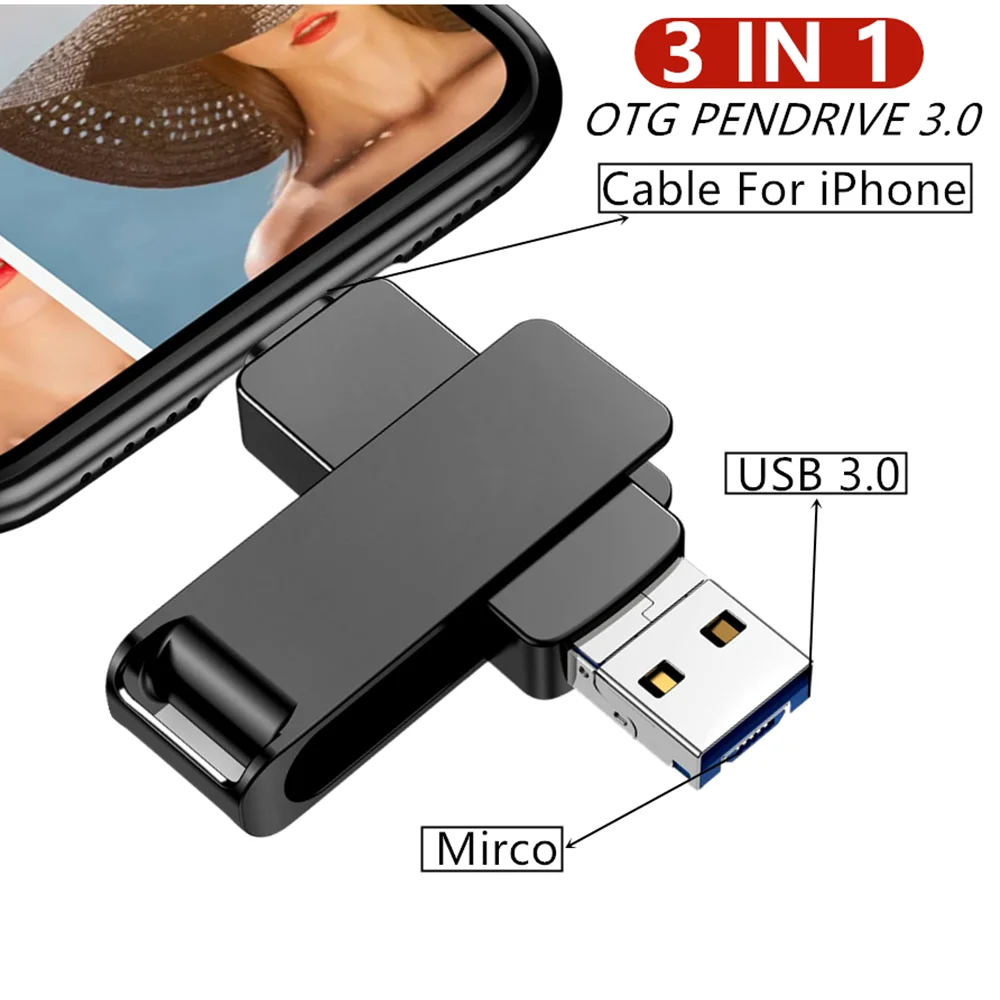 for iPhone 3in1 OTG 2TB USB Flash Pen Drive 128GB 256GB 512GB 1TB Black usb memry stick Usb 3.0 flash Disk for PC/iPad Android