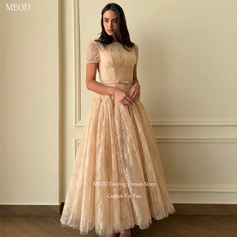 MEOD Strapless A Line Women's Evening Dress Short Sleeve Ankle Length Vestido Novia O Neck Tulle Formal Party Gown Customized