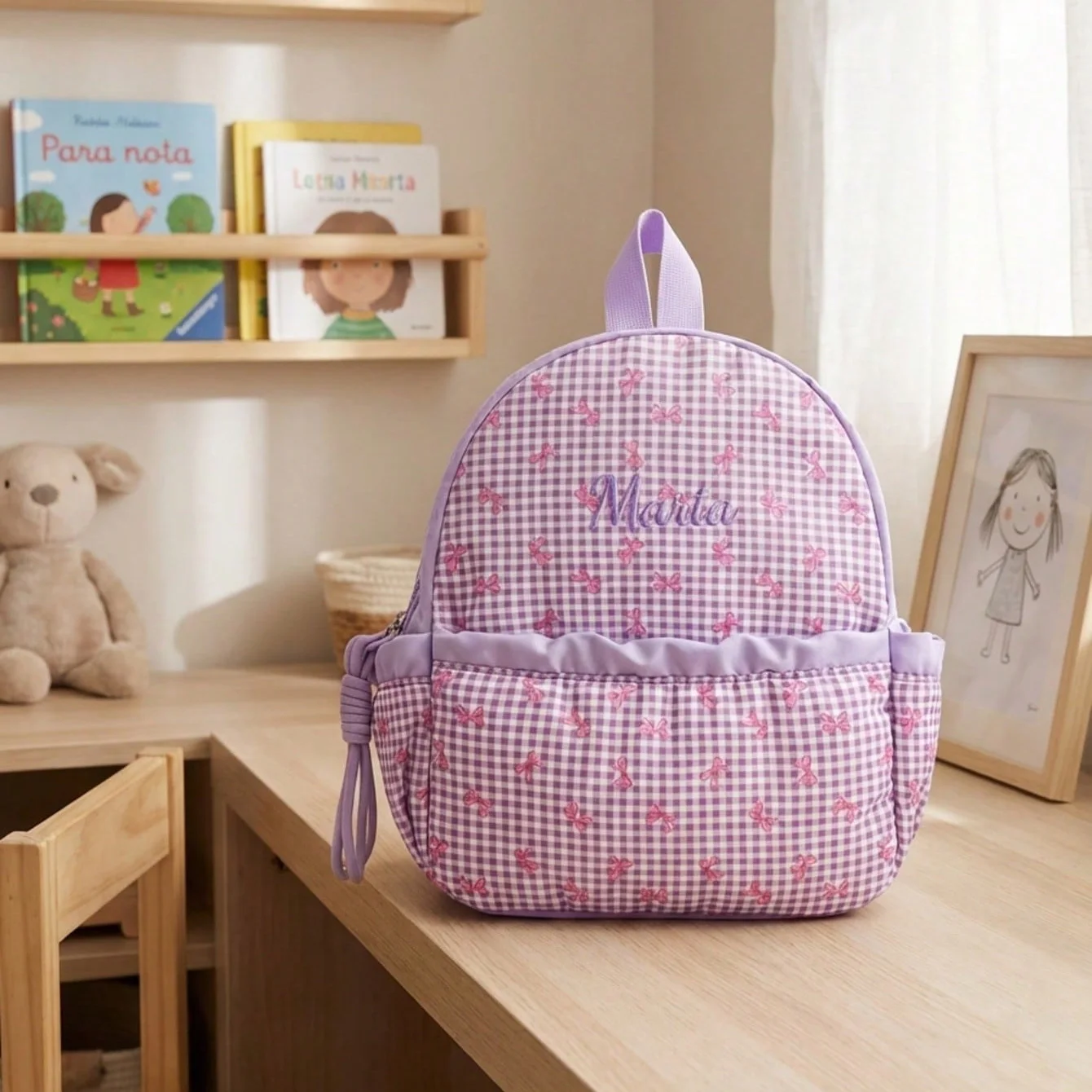 맞춤 이름-문자 자수 귀여운 리본 프린트 백팩 |   다용도 여행 및 학교 가방 어린이 및 청소년용