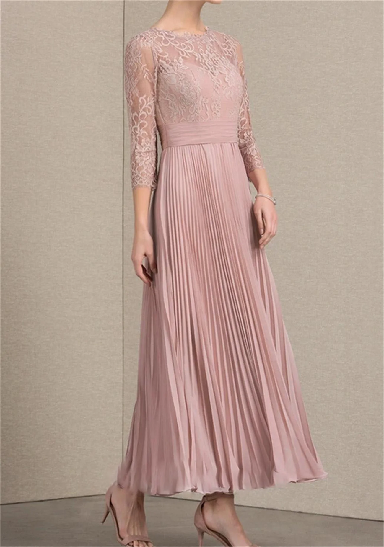 Bridal Mother Dress Round Neck Long Sleeves Openwork Flower Leaves Lace Pink Chiffon Evening Gown Zippered Elegantly  Newest