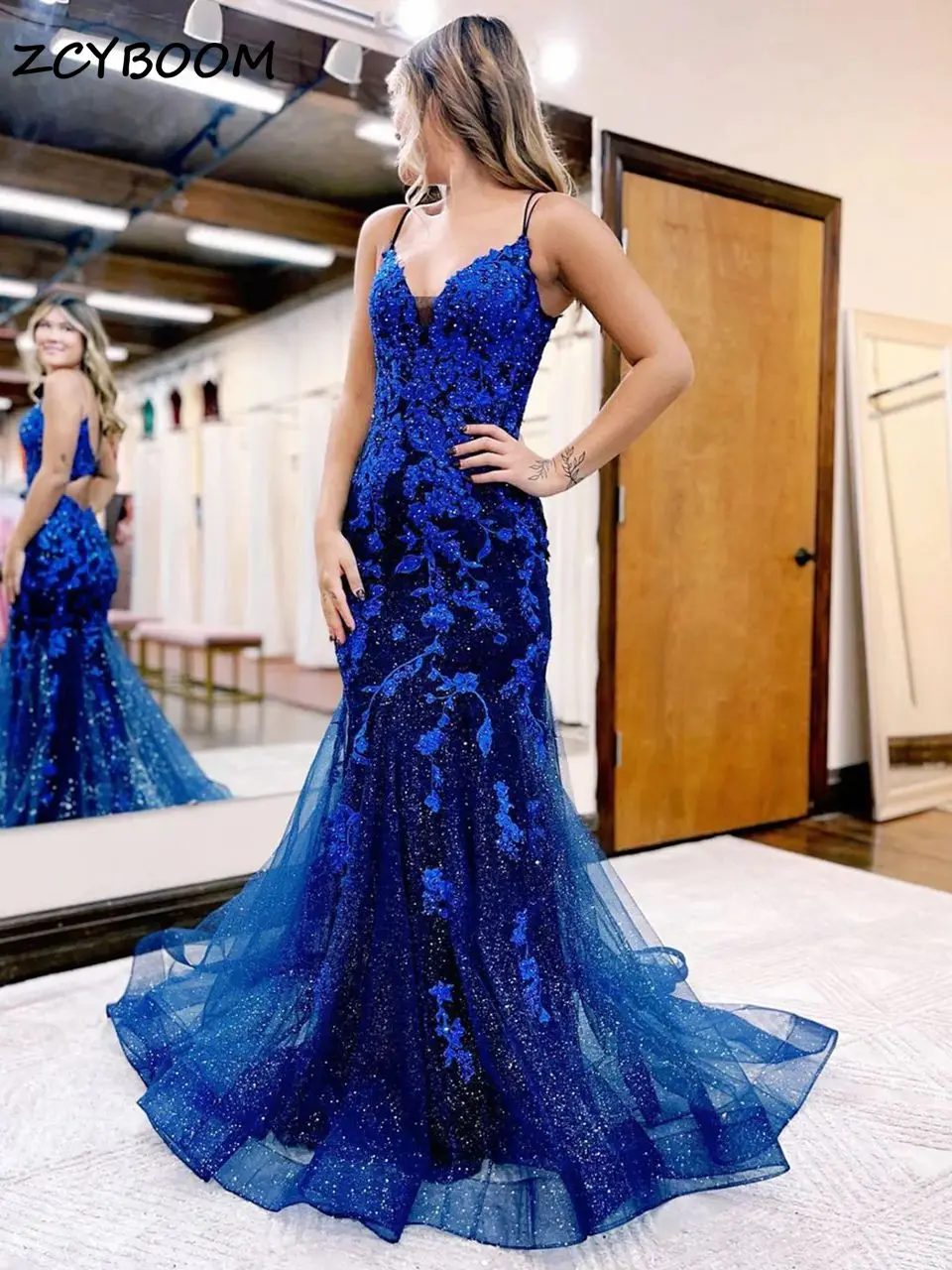 

Sexy Glitter Blue Spaghetti Straps Mermaid V-Neck Evening Dresses 2023 Appliques Backless Party Women Prom Gowns Robe De Soirée