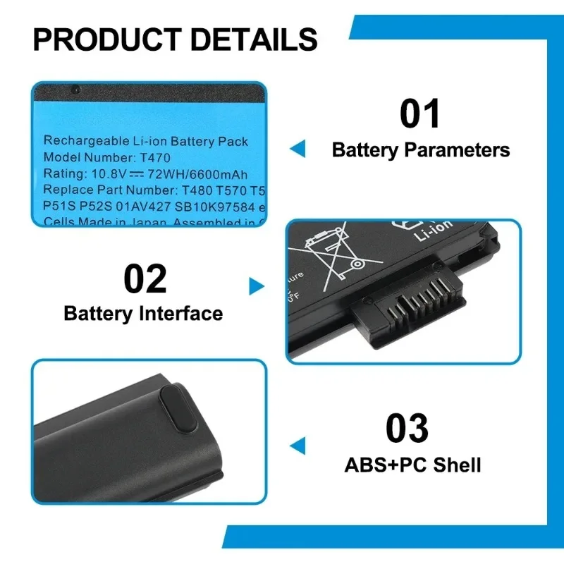 VBCX10.8V 6600mAh Laptop Battery for Lenovo ThinkPad T470 T480 T570 T580 P51S P52S 01AV427 01AV428 01AV423 SB10K97580 61++ view 5