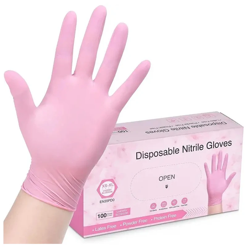 100PCS Pink Nitrile Gloves Disposable Latex Power Free Gloves for Household Cleaning Kitchen Dishwashing Gardening Work Tattoo