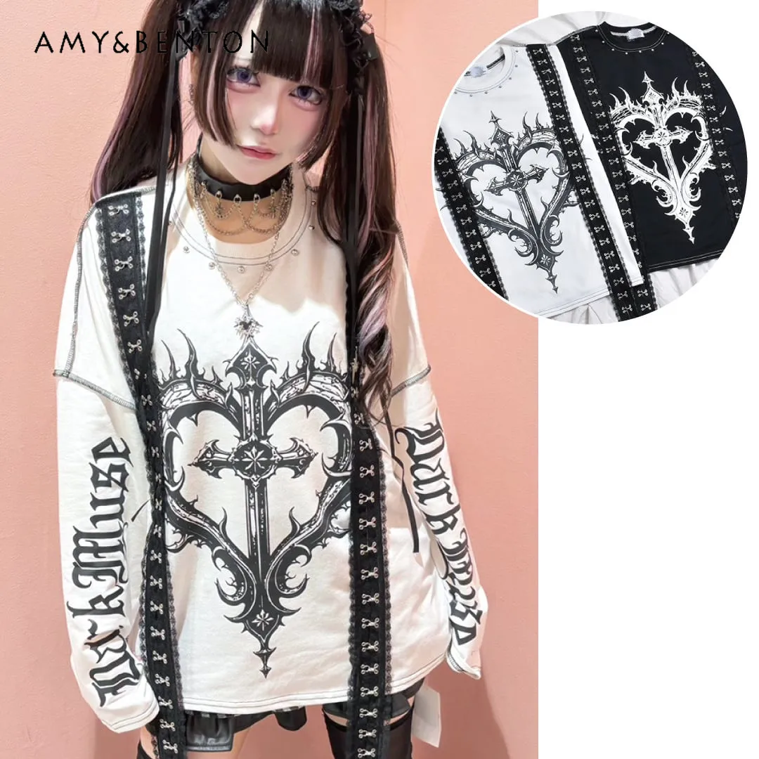 

Японская субкультурная футболка в стиле Харадзюку, темный панк, с принтом Love Cross Streamer, с длинными рукавами, Y2K, для модных девушек, оверсайз, с графическим принтом