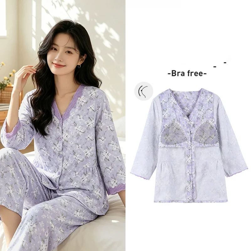 2026 Summer New Women's 100% Cotton Loungewear Set with Chest Pad Half Sleeve Long Pants Sweet Floral Pajama Sets Homewear
