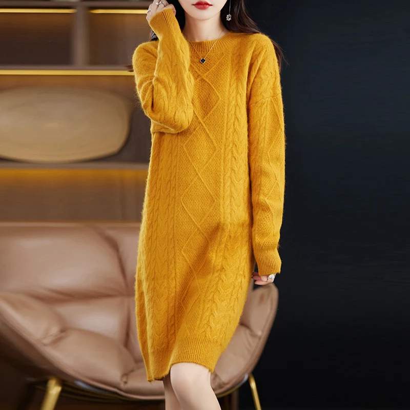 Autumn and Winter New Mink Cashmere Knit Sweater Dress Round Neck Pullover Medium Long Solid Color Base Shirt Coat Skirt Woman