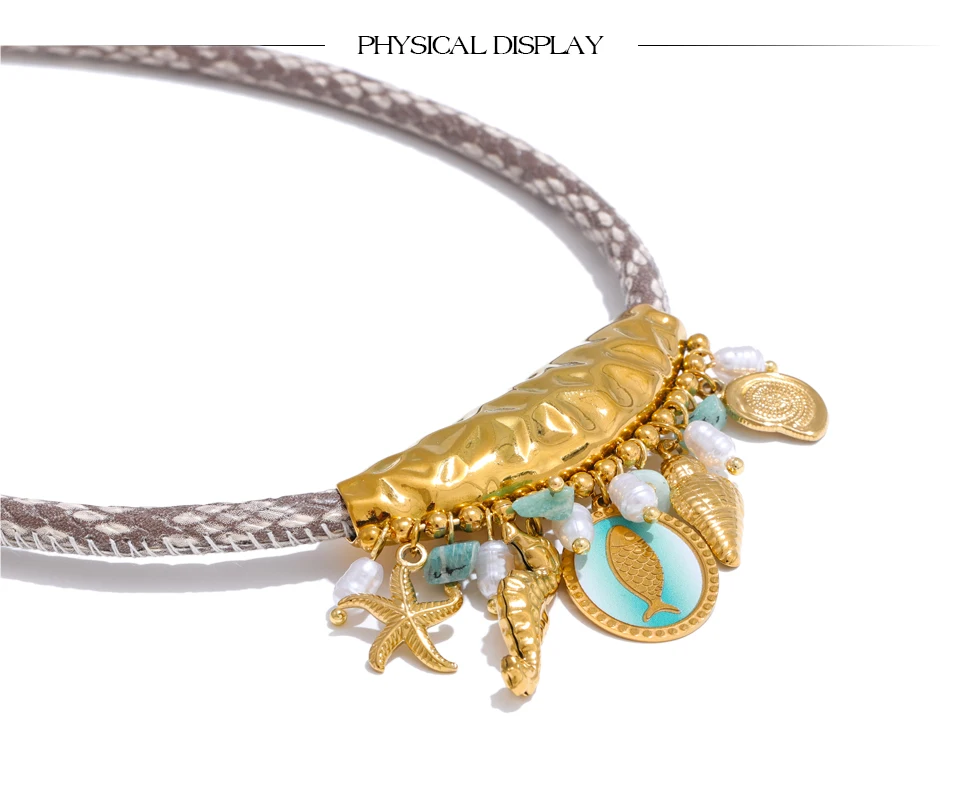 Yhpup Exklusives Design, handgefertigter Schmuck, Perlen im Ozean-Stil, Seestern, Muschel, Fischtropfen-Halskette, exquisiter Edelstahl-Schmuck – Detail 11
