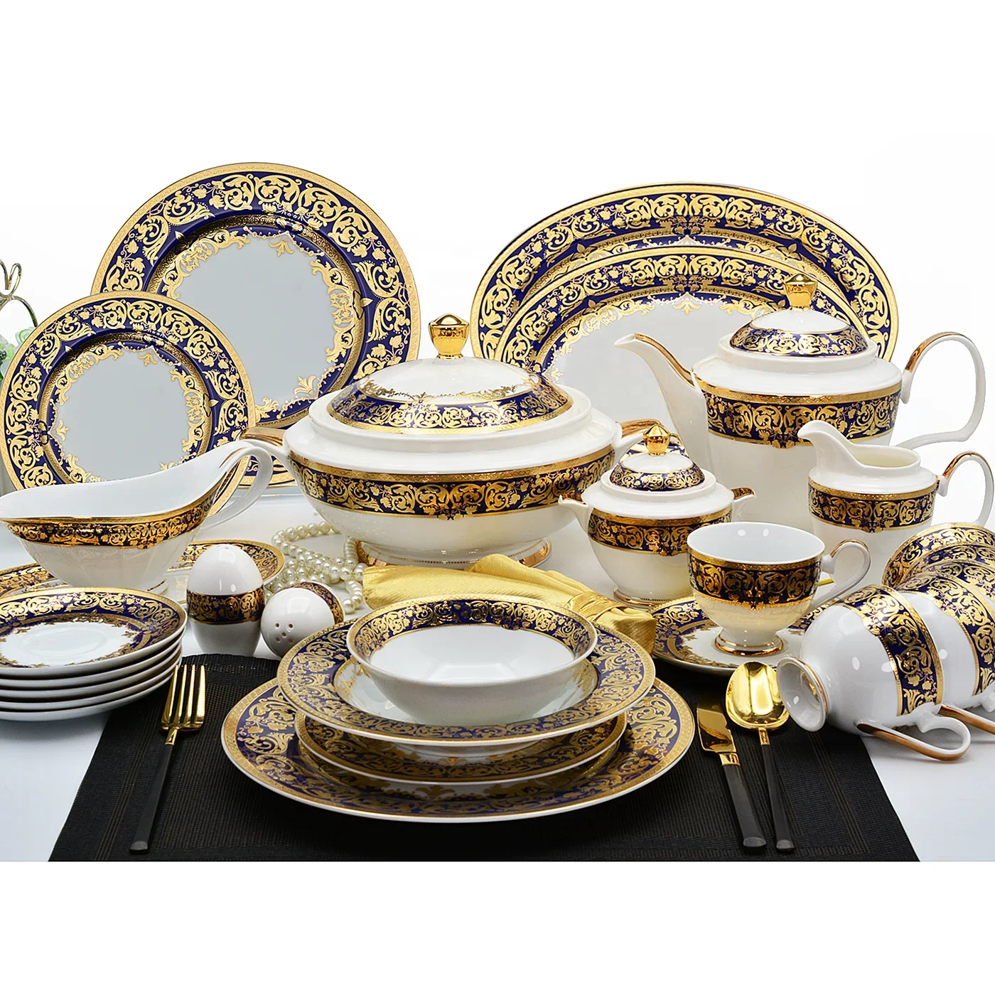 

Luxury Bone China Dinner Set 98pcs for 12 Embossed Gold Dinner Set Ceramics Dinnerware Sets
