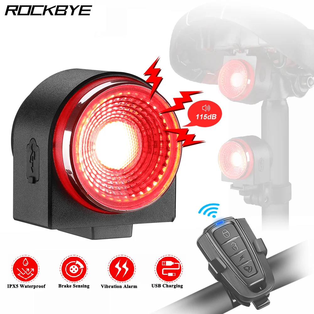 Rockbye Bicycle Tail Light Rechargeable IPX5 Waterproof Remote Control Smart Brake Taillight with 115dB Burglar Bike Alarm