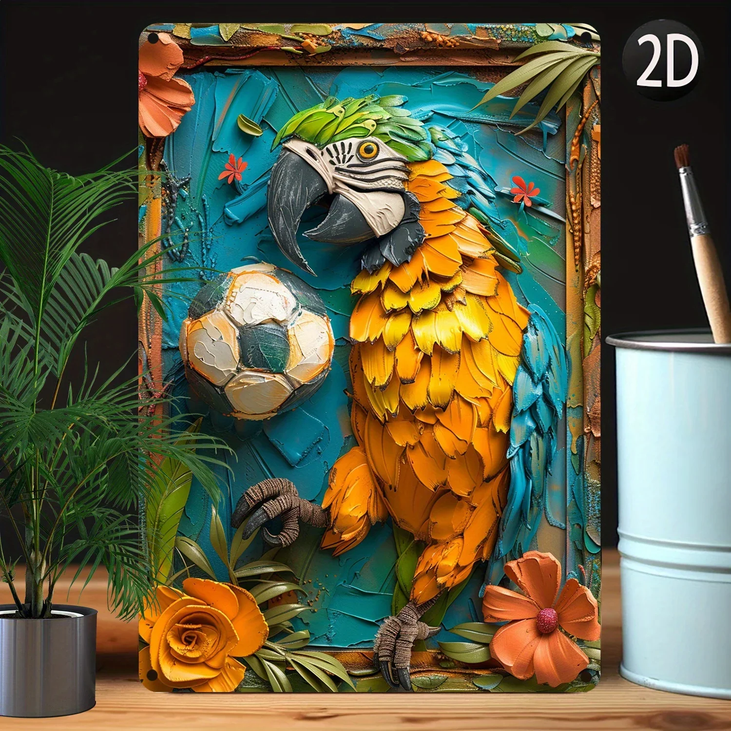 1Pc Vintage Brazilian Macaws & Football Metal Aluminum Sign 8X12 Inches Perfect for Gym Company Pub Caf Garden or Bathroom Decor