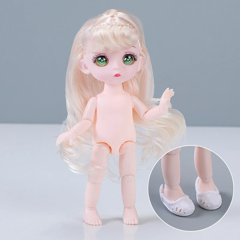 かわいいコミックフェイスドール 16cmドール 1/8 BJDドール 着せ替え人形 複数の髪の色 ヌードドール 子供と女の子向けおもちゃギフト