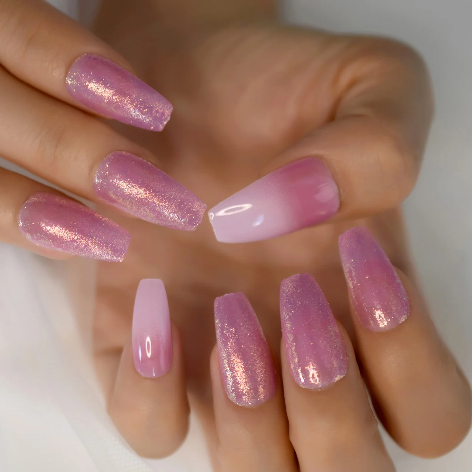 Ombre Pink French Press on False Nails Shiny Glitter Gradient Long Ballerina Coffin Full Cover Fake Fingers Nails faux ongles