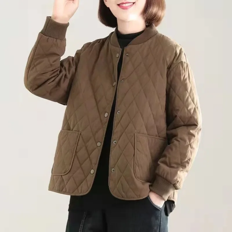 Winter Commuting Concise Style Women Solid Color Retro Down Cotton Jacket Diamond Shape Grid Loose Casual Regular Women Clothing