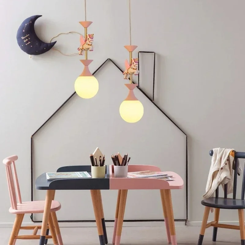 2026 Children's Room Bedroom Pendant Light Eye Protection Cartoon LED Carousel Creative Pink Decoration Room Pendant Light