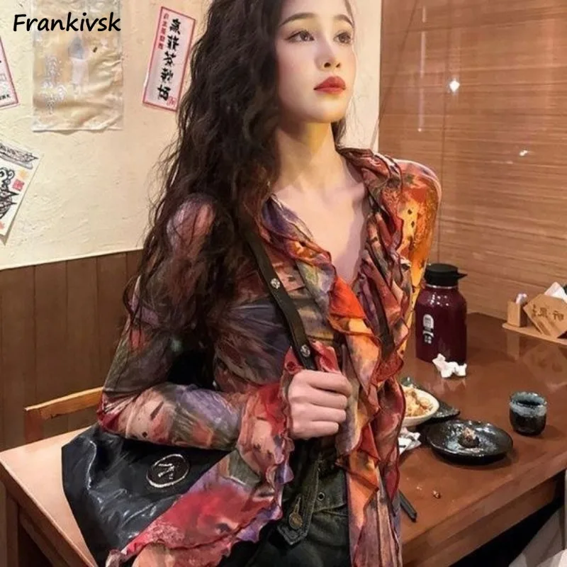 Women Blouse Colorful Fungus Flare Long Sleeve V-neck Summer Fashion Harajuku Japanese Style Design Elegant Streetwear Slim Y2k