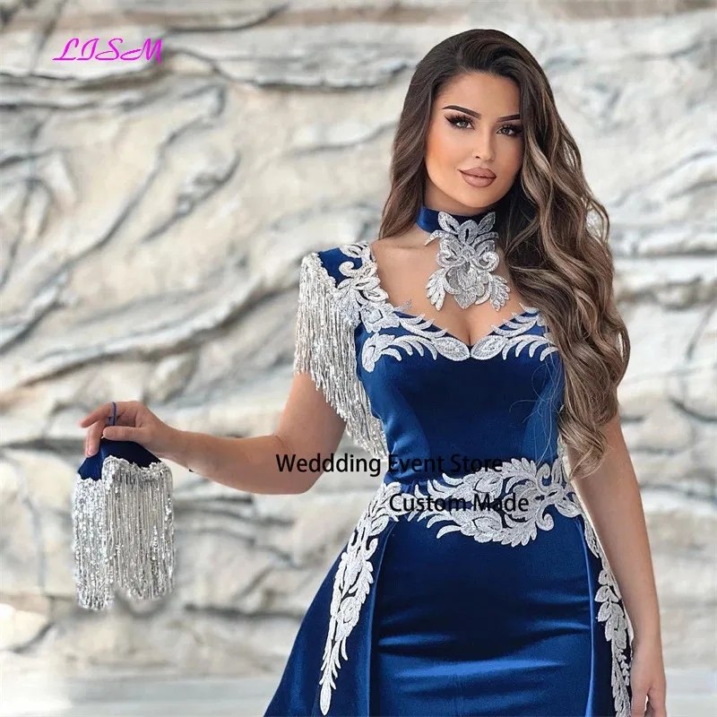 Długa suknia wieczorowa aplikacje koronkowe rękawy cap Royal Blue Mermaid rozcięcie aksamitne arabskie suknie na bal maturalny Party Dress 2025