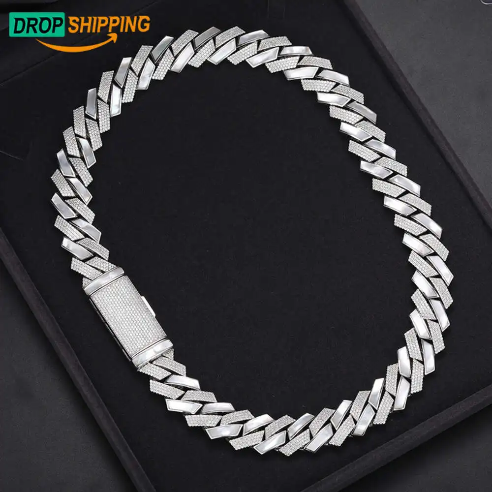 Dropshipping Rappers Jewelry 18mm Pass Diamond Tester Vvs Moissanite Silver Hand Set Shell Iced Out Cuban Link Chain Necklace