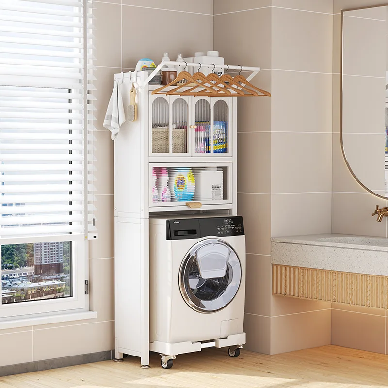 

The gap shelf behind the floor-to-ceiling washing machine above toilet rack in the bathroom Household toilet storage cabinet