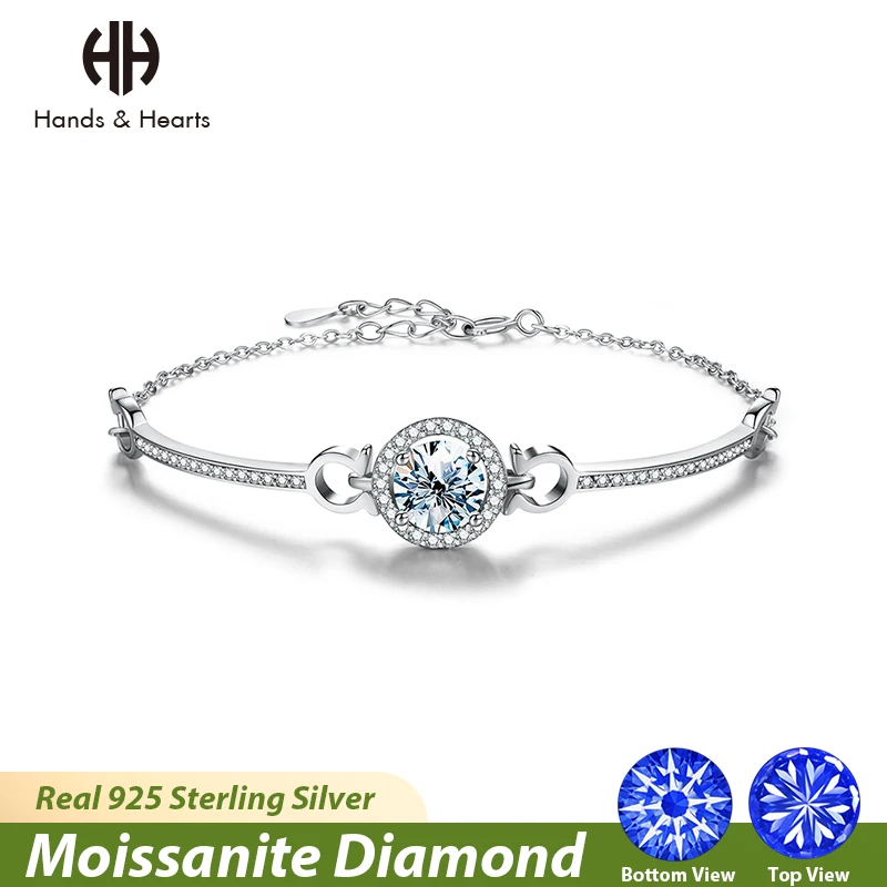 

H & H Elegant 1CT D Color Real Moissanite Diamond Round Halo Bracelet for Women Solid 925 St Erling Silver Luxury Fine Jewelry