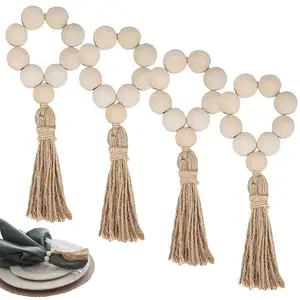 حلقات منديل حبة خشبية مع شرابات ، خرز مزرعة ، حامل طاولة ريفي ريفي ، زفاف منزل بوهو ديكور ، 1 قطعة ، 12 قطعة أفضل 8 حامل مناديل مبيعا - رقم 3