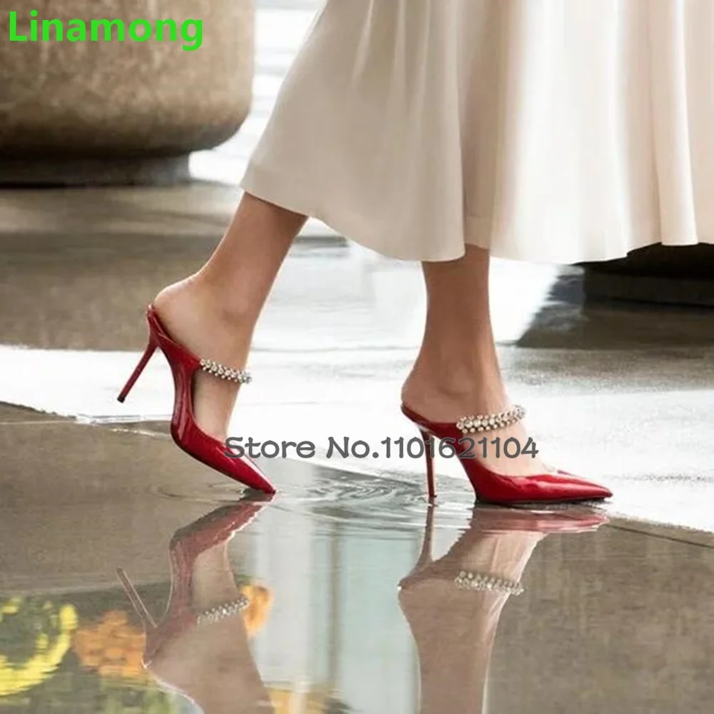 Red Patent Leather Crystal Luxury Slippers For Female Women 2024 New Thin High Heel Pointed Toe Sexy Elegant Solid Sexy Shoes