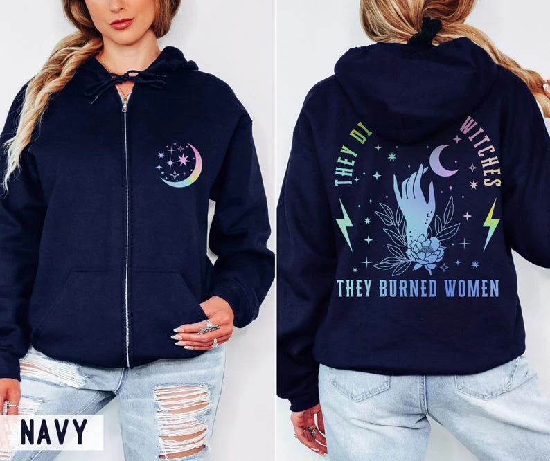 Witchy Feminist Gradient Zip Up Hoodie: Halloween Resistance Sweatshirt