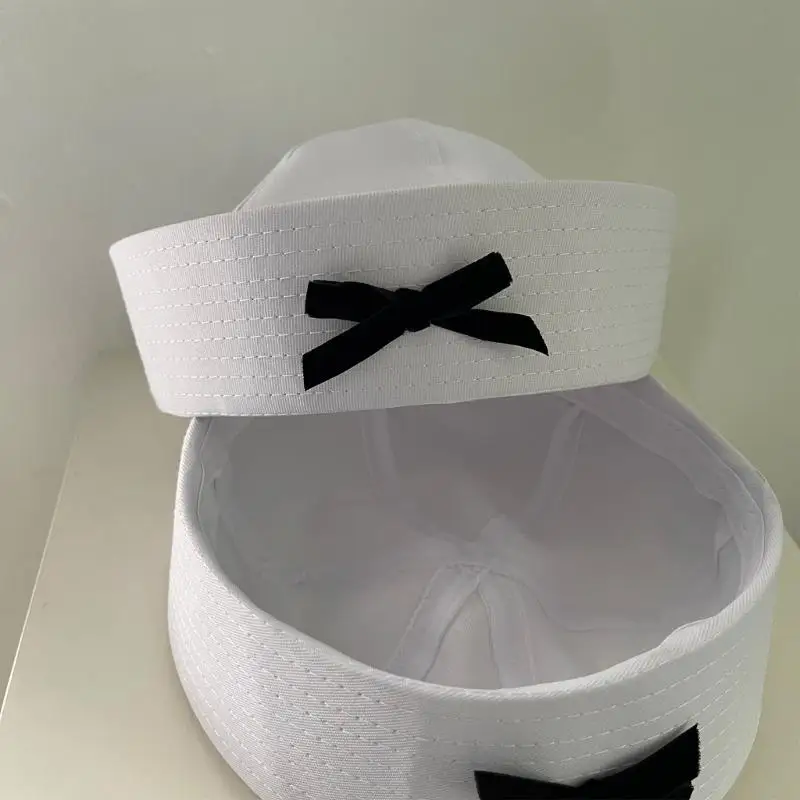 L5YA Sailors Ship Boat Captain White Seafaring Hat Adult Marine Hat Black Bowknot Decor Halloween Party Cosplay Outfit