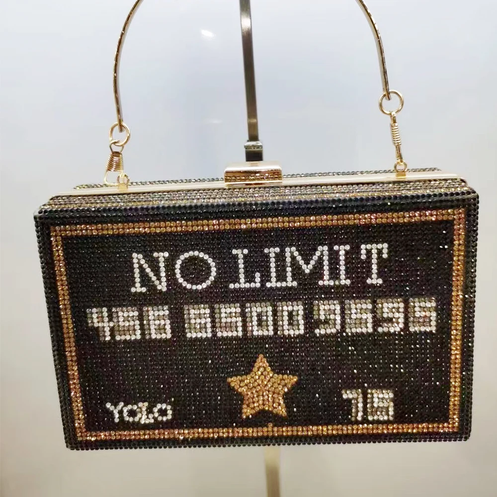 NO LIMIT Pattern Crystal Evening Purse Luxury Pink/Black Long Chain Women Female Party Prom Clutches Dinner Shoulder  Handbag