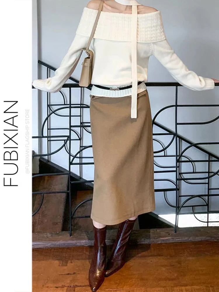 

i Tweed Busin Sle High Waist Straight Cut Skirt Women's Winter New Ele Gentle Long Skirt