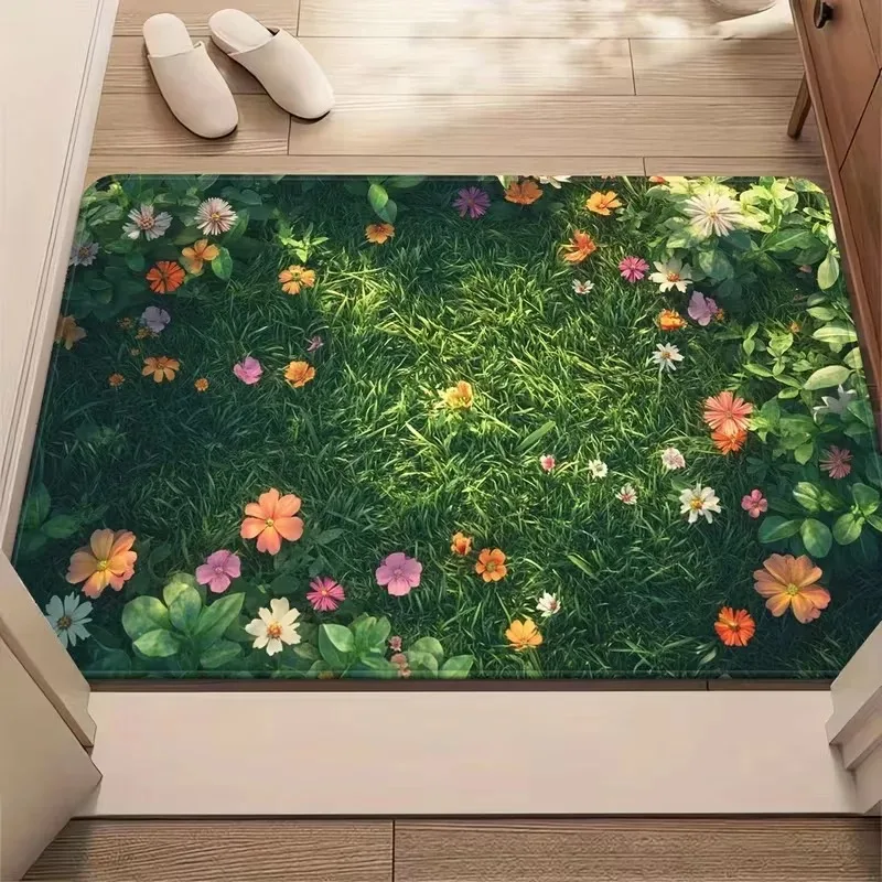 Vibrant Spring Wildflower Grass Patchwork Lush Textured Floral Print Long Runner Rug Garden‑Style Hallway Entry Kitchen Area Rug