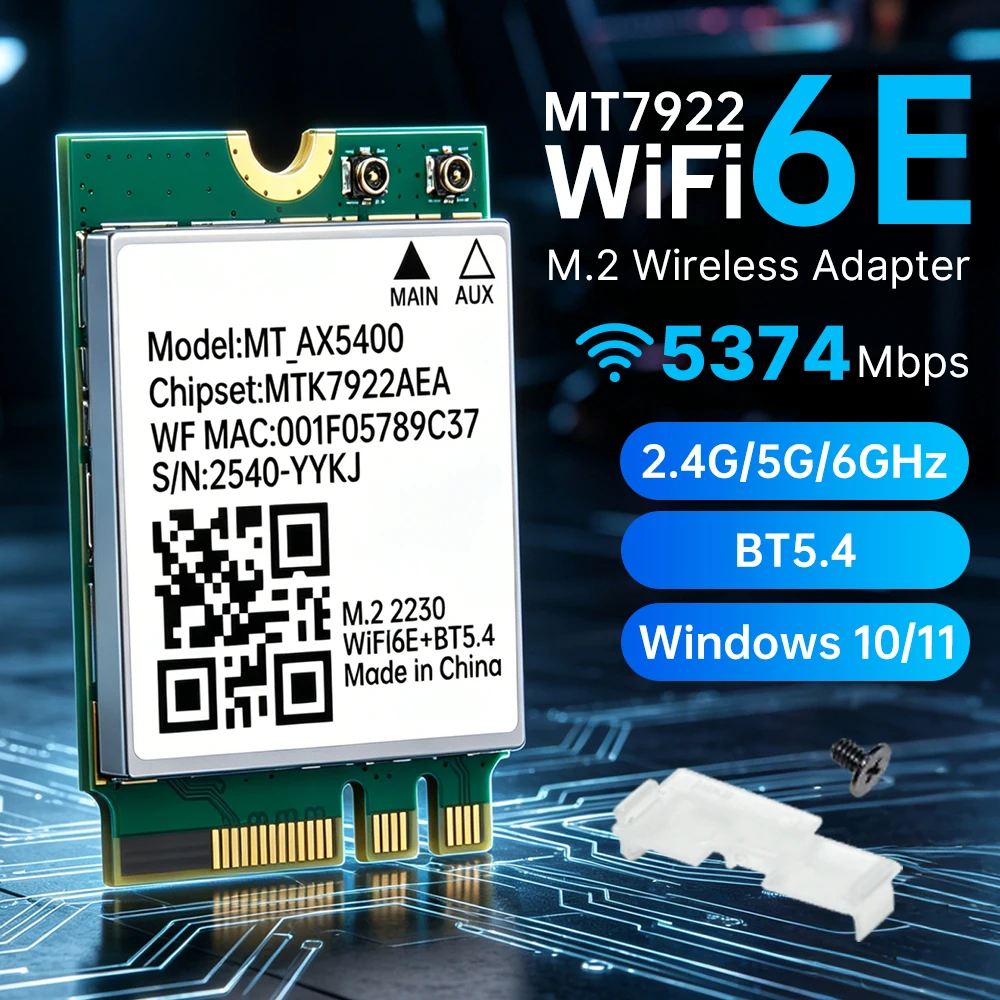 Carte sans fil WiFi 6E M.2 Tri-bande 2.4G/5G/6GHz 5400Mbps MT7922 Bluetooth 5.4 802.11ax MU-MIMO Adaptateur réseau pour Windows 10/11