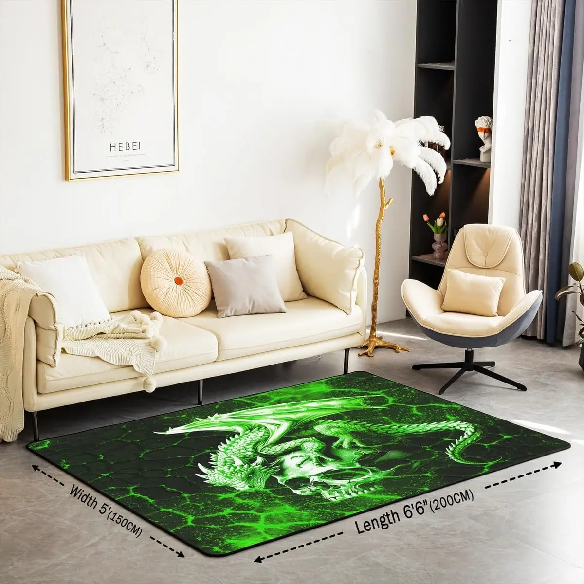 Kids Green and Black Decorative Carpet Set for Boys Teens Sugar Skull Living Room Rugs Honeycomb Dragon Wild Animal Indoor Floor