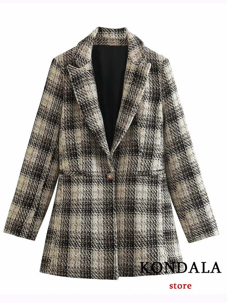 KONDALA Office Lady Plaid Twist Blazer Women V Neck Pocket Oversized Long Jackets Fashion 2024 Vintage Female Blazer Stylish Top