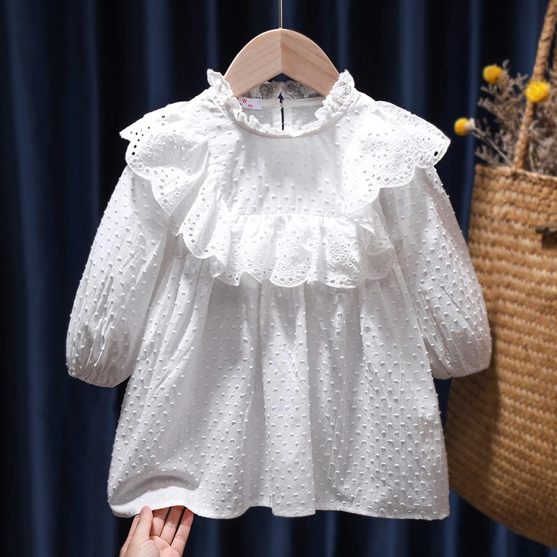 Girls Princess Cotton Dress with Lace New Fashion Party Costumes Round Neck Solid Full Sleeve Skirt Casual Outfits for 2-12Y