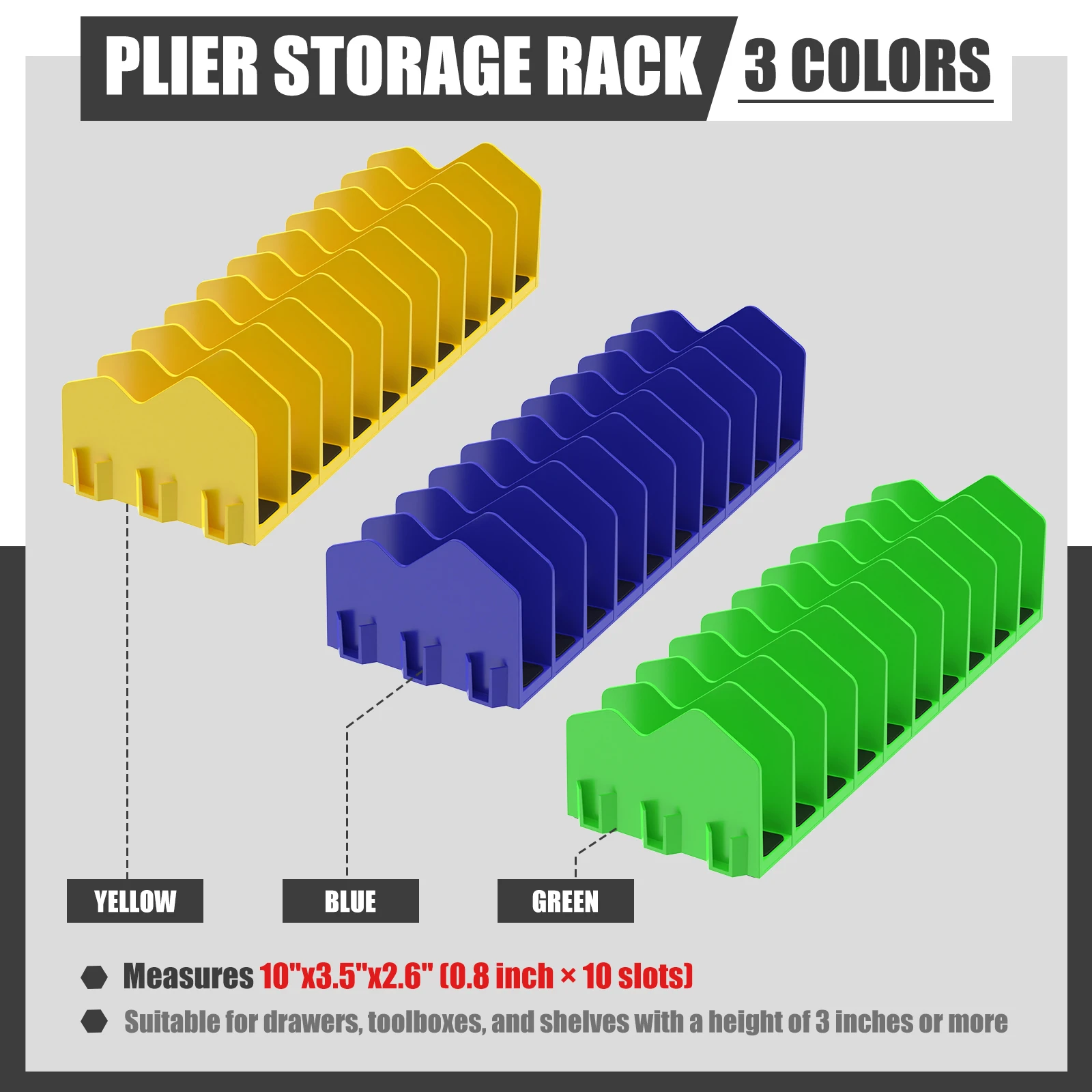 

10 Slots Plier Organizer Rack Plastic Pliers Cutters Organizer Rack with Nonslip Rubber Base Space Saving for Tool Box Drawer