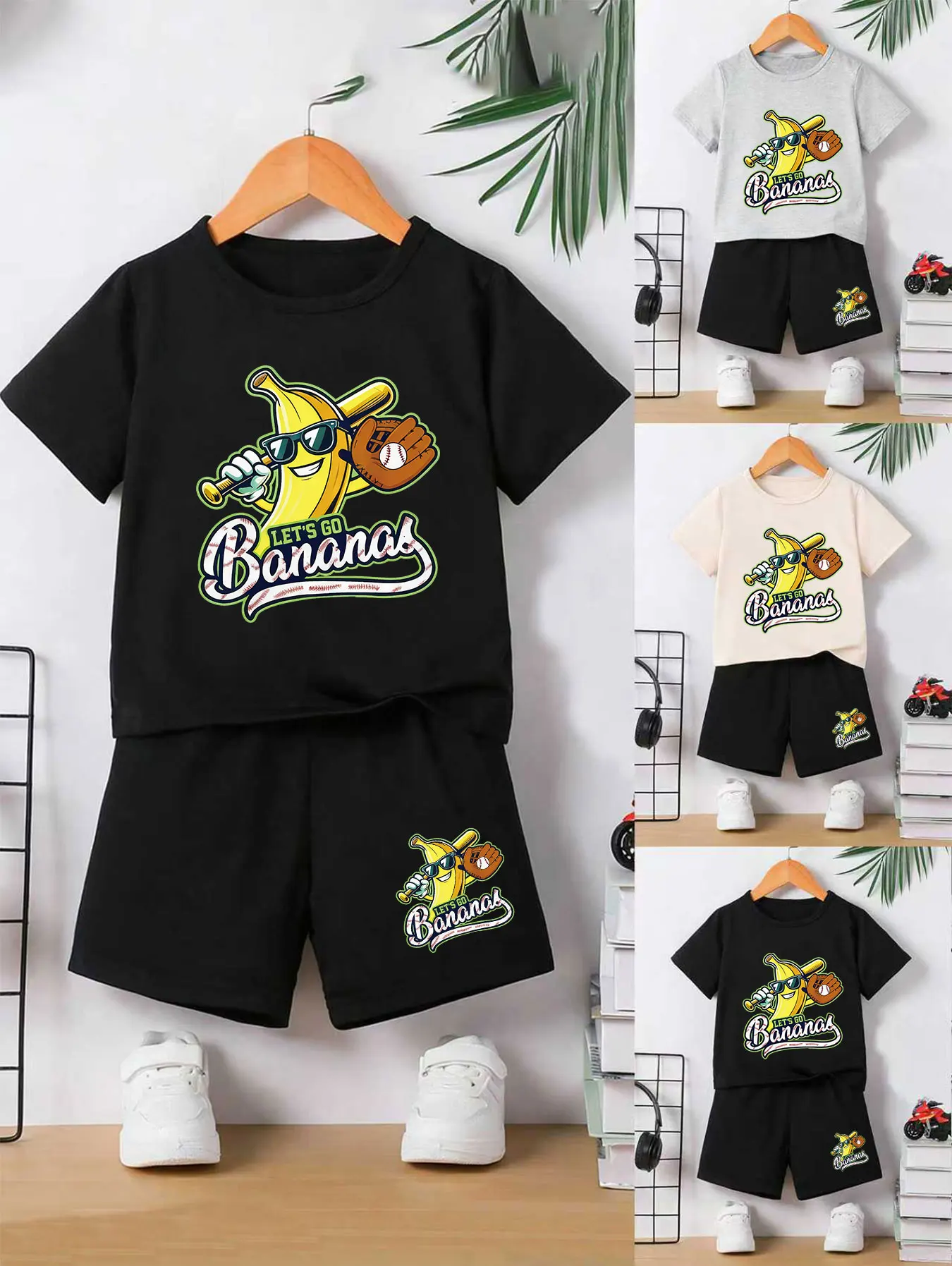 

Boys' Sporty Comfy Baseball-Banana Print Set Cute Kids Outfit T-Shirt And Pants Ensemble for Active Boys