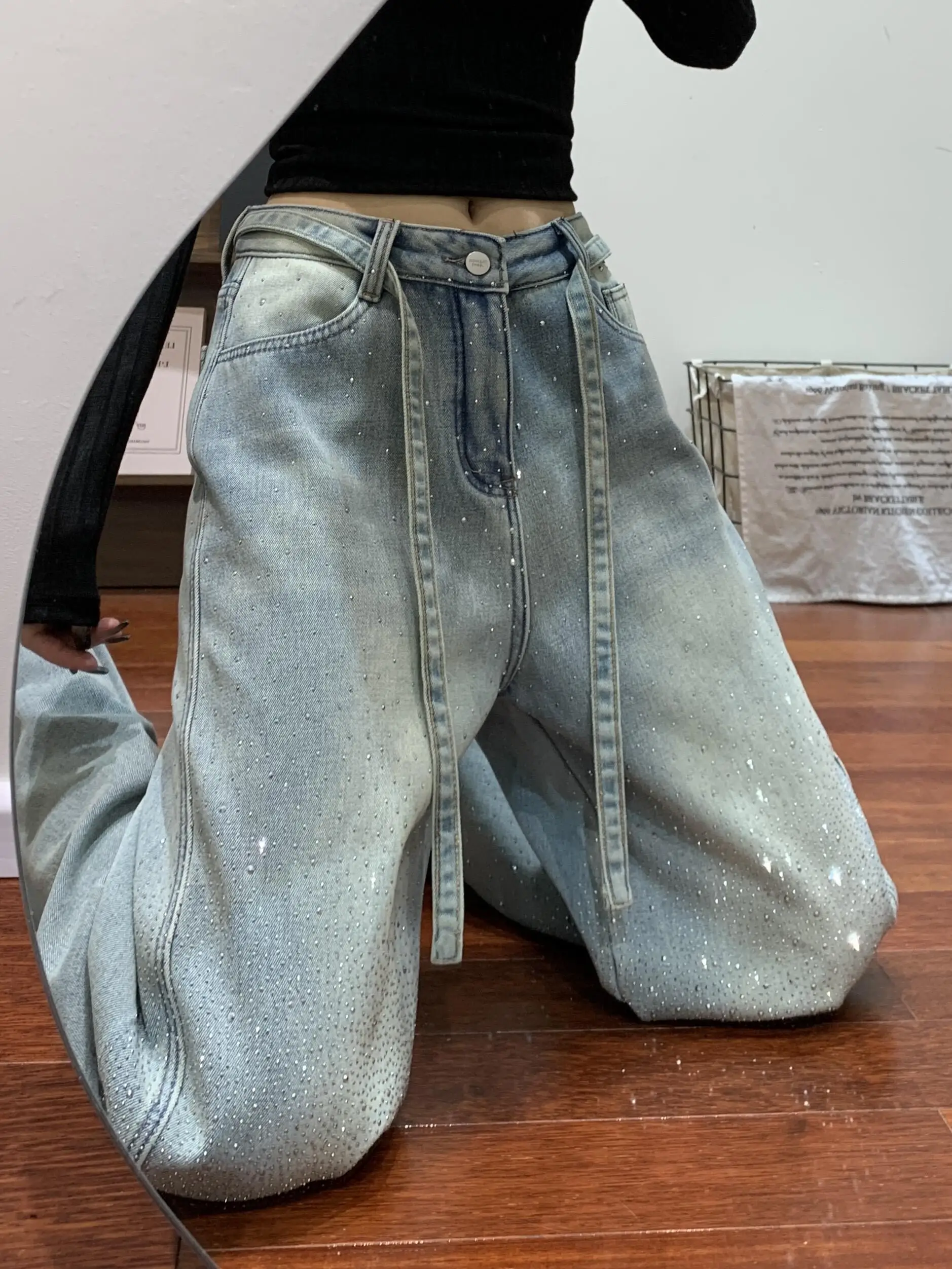 

Американские джинсы с флисовой подкладкой и стразами, свободные женские джинсы, зимние модные прямые широкие брюки, джинсы с высокой талией