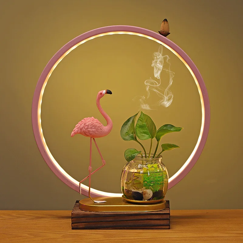 Roud USB LED Backflow Incense Romantic Flamingo Home Decor Night Light Wedding Ornaments Water Planting Vase