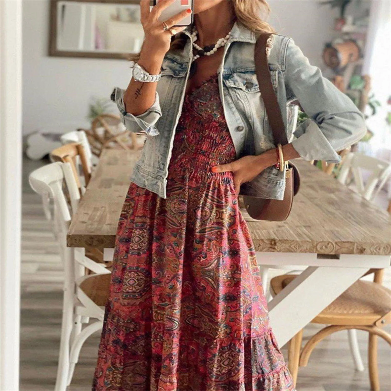 Dames Bohemian Lange Jurken Zomer Gebloemd Strand Sundress V-Hals Vintage Empire Taille Korte Mouw Casual Boho Party Maxi Jurk