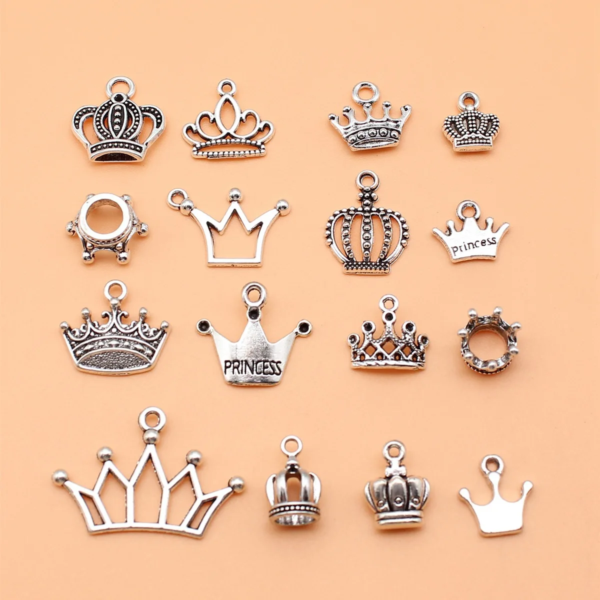 16pcs Antique Silver Color Crown Charms Collection For DIY Jewelry Making, 16 Styles, 1 of Each