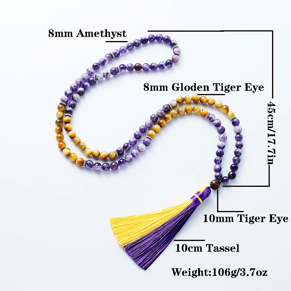 Natural Amethyst Tiger Eye Stone Necklace for Men and Women, 108 Mala Beaded Meditation, Yoga Prayer Japamala Jewelry 8mm