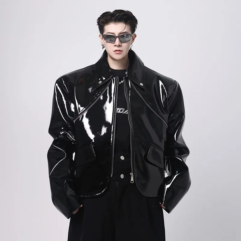 Autumn High-End Friend Street Bright Leather New Jacket Men's Fashion Handsome Trendy Male Long Sleeve Solid Color Jackets