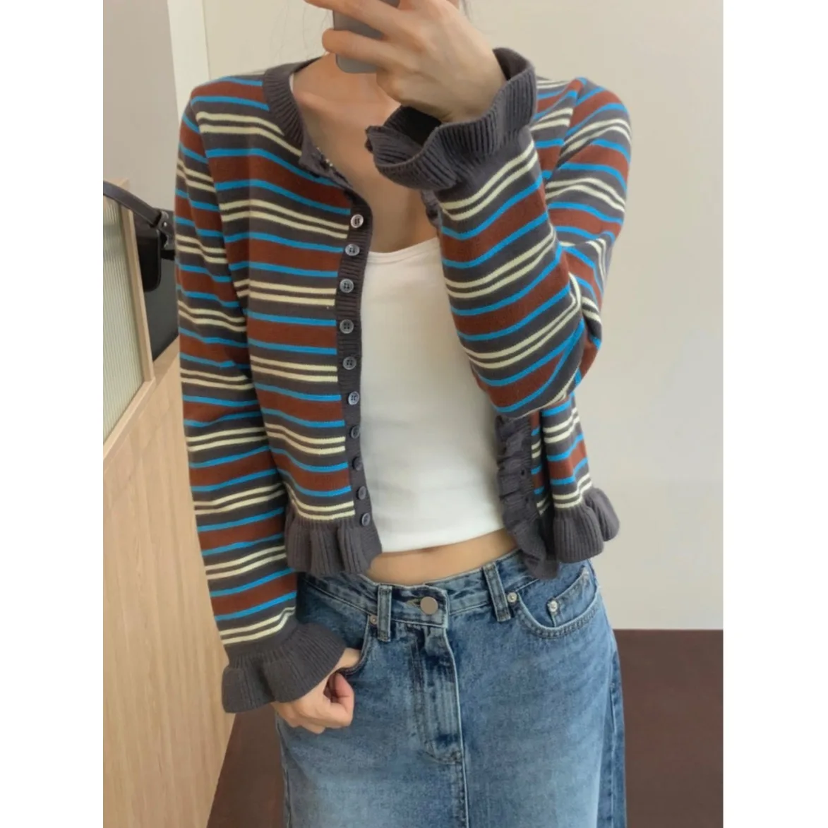 

Spring 2026 Chic Korean Sle Striped Long Sve Knitted Open Cardigan Women Slimming Outerwear Sweater with Lace Hem
