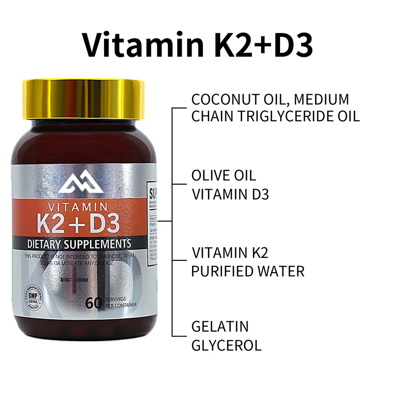 Vitamin K2+D3 are more easily absorbed in a 2-in-1 package to support your heart, bones,and teeth health.60 capsules 30 servings